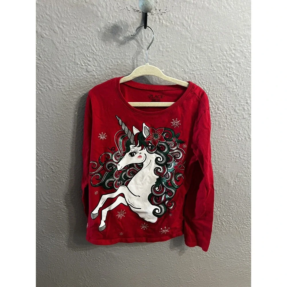 Children's Place girls pretty red unicorn‎ sparkle Christmas shirt Size M 7 /8